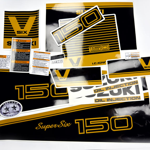 Vinyl graphic decals black gold set suitable for Suzuki 150 hp super six outboard engine. Vinyl stickers kit for suzuki 150 hp Handmade
