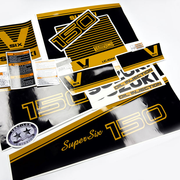 Vinyl graphic decals black gold set suitable for Suzuki 150 hp super six outboard engine. Vinyl stickers kit for suzuki 150 hp Handmade