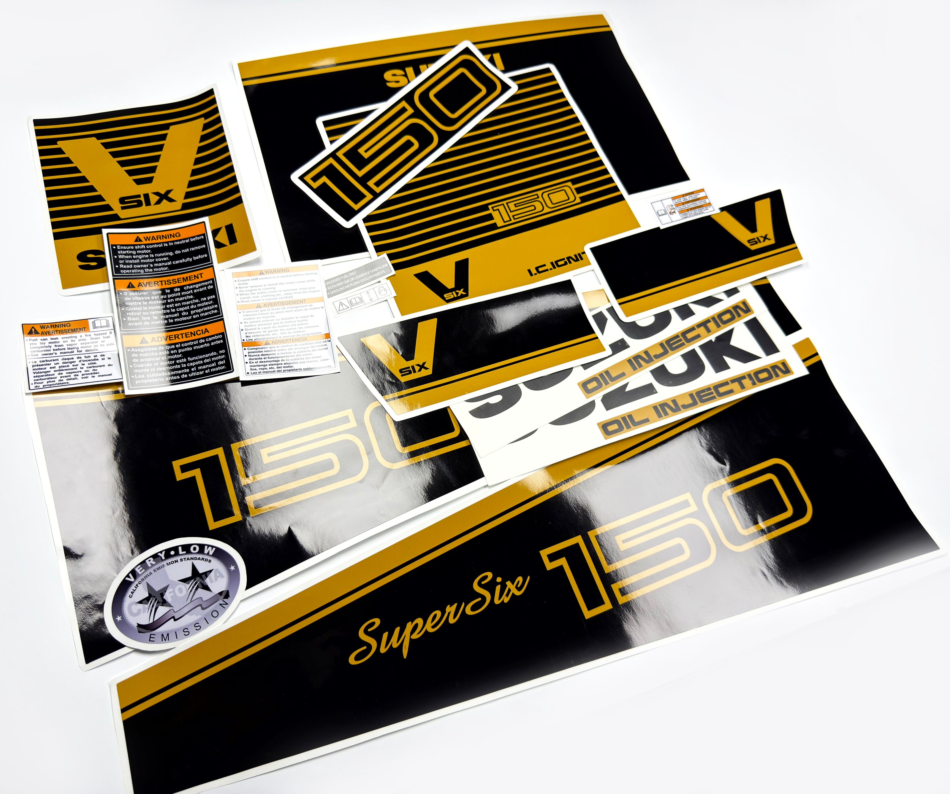 Vinyl graphic decals black gold set suitable for Suzuki 150 hp super six outboard engine. Vinyl stickers kit for suzuki 150 hp Handmade