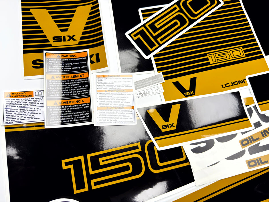 Vinyl graphic decals black gold set suitable for Suzuki 150 hp super six outboard engine. Vinyl stickers kit for suzuki 150 hp Handmade