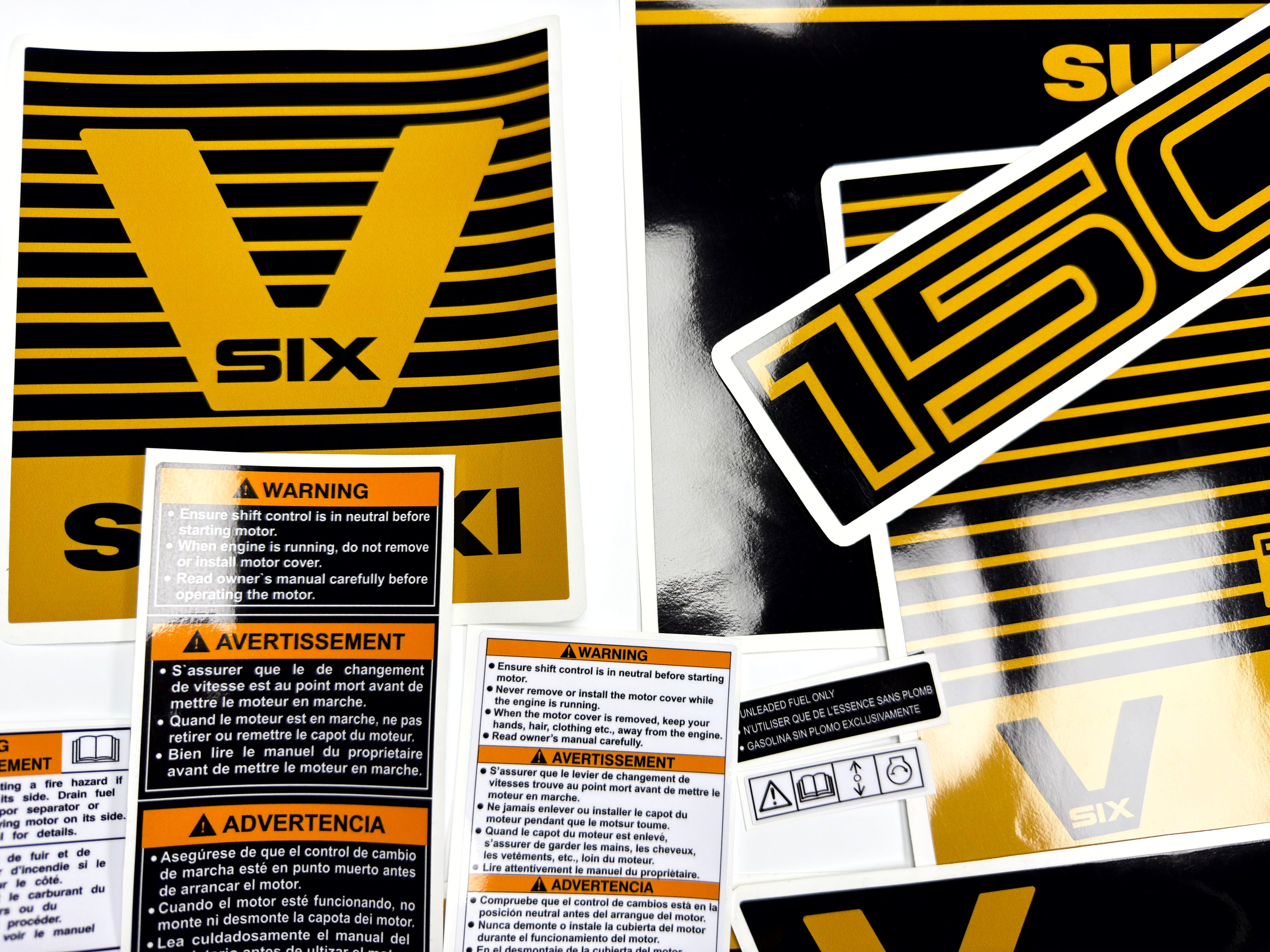 Vinyl graphic decals black gold set suitable for Suzuki 150 hp super six outboard engine. Vinyl stickers kit for suzuki 150 hp Handmade