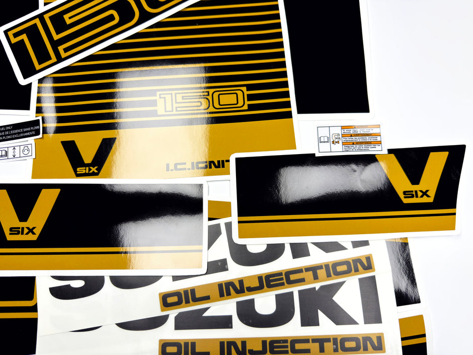 Vinyl graphic decals black gold set suitable for Suzuki 150 hp super six outboard engine. Vinyl stickers kit for suzuki 150 hp Handmade