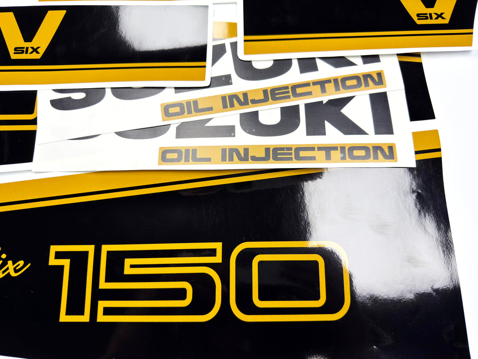 Vinyl graphic decals black gold set suitable for Suzuki 150 hp super six outboard engine. Vinyl stickers kit for suzuki 150 hp Handmade