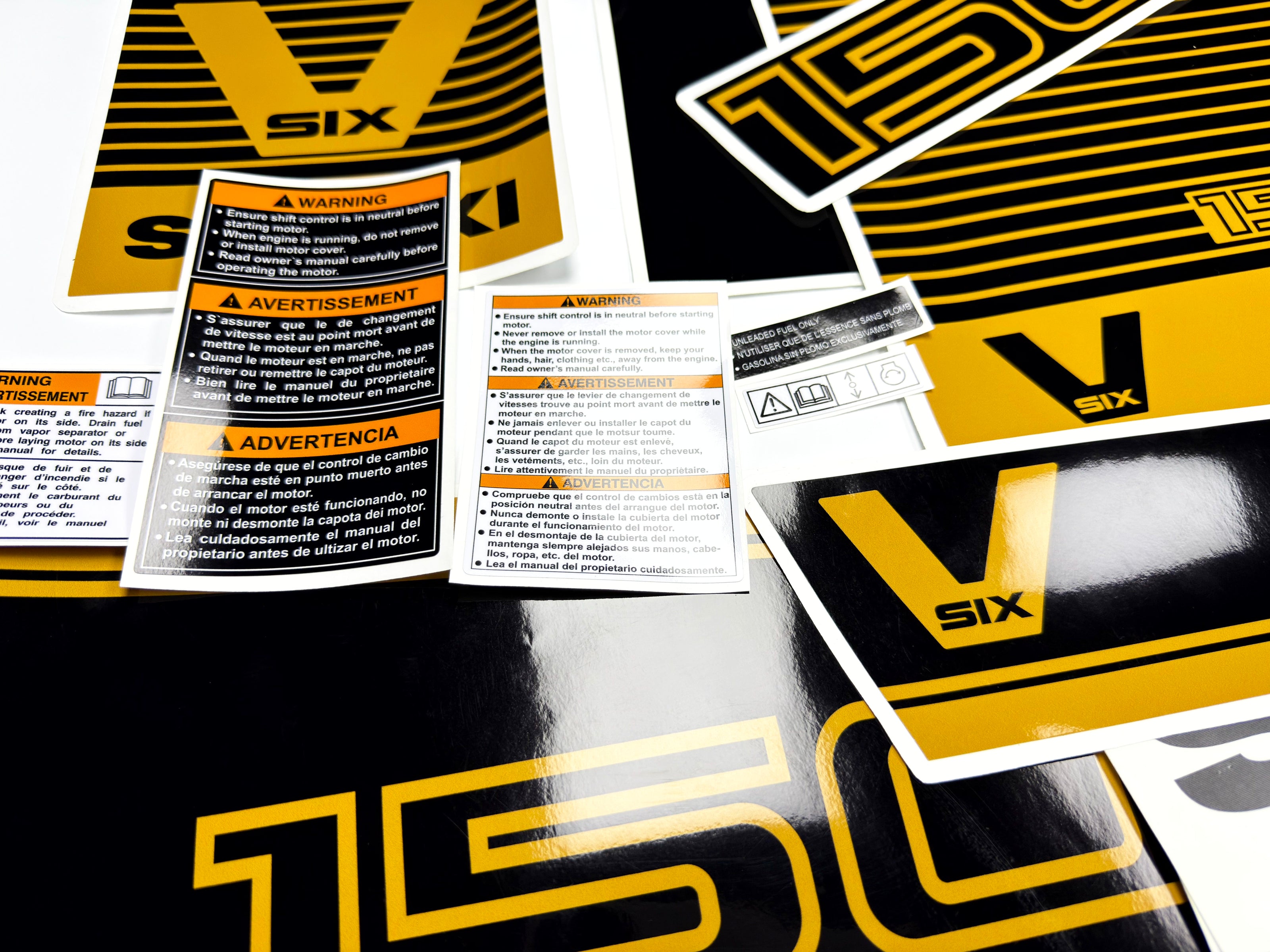 Vinyl graphic decals black gold set suitable for Suzuki 150 hp super six outboard engine. Vinyl stickers kit for suzuki 150 hp Handmade