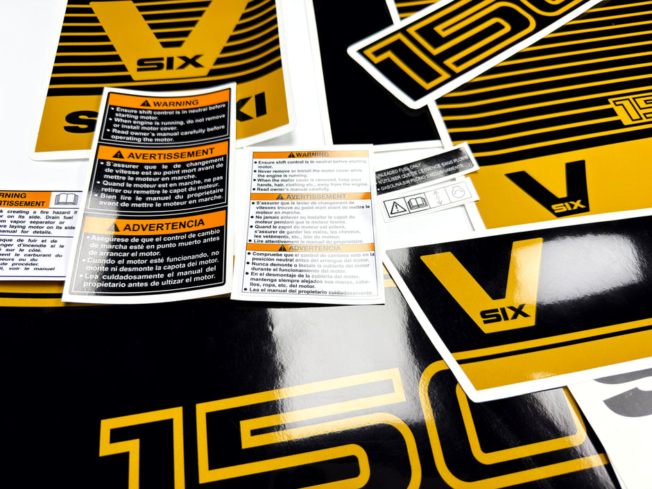 Vinyl graphic decals black gold set suitable for Suzuki 150 hp super six outboard engine. Vinyl stickers kit for suzuki 150 hp Handmade