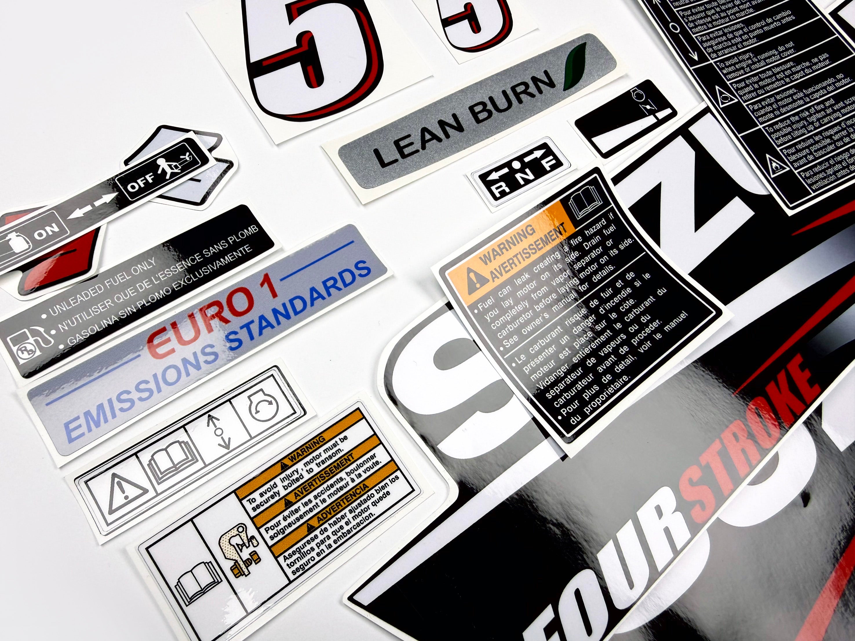Vinyl graphic decals set suitable for Suzuki 5 hp four stroke outboard engine. Vinyl stickers kit for Suzuki 5 hp four stroke Handmade