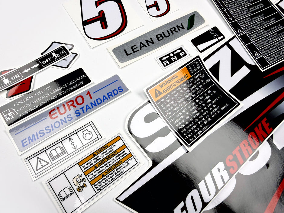 Vinyl graphic decals set suitable for Suzuki 5 hp four stroke outboard engine. Vinyl stickers kit for Suzuki 5 hp four stroke Handmade