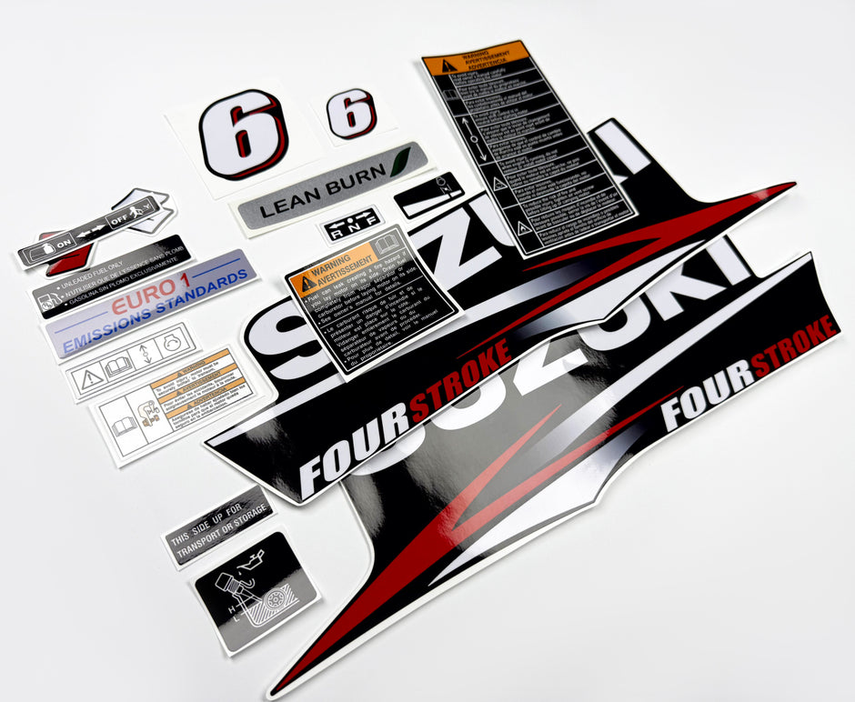 Vinyl graphic decals set suitable for Suzuki 6 hp four stroke outboard engine. Vinyl stickers kit for Suzuki 6 hp four stroke Handmade