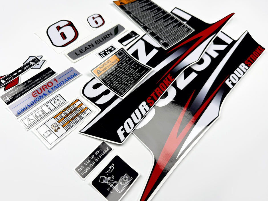 Vinyl graphic decals set suitable for Suzuki 6 hp four stroke outboard engine. Vinyl stickers kit for Suzuki 6 hp four stroke Handmade