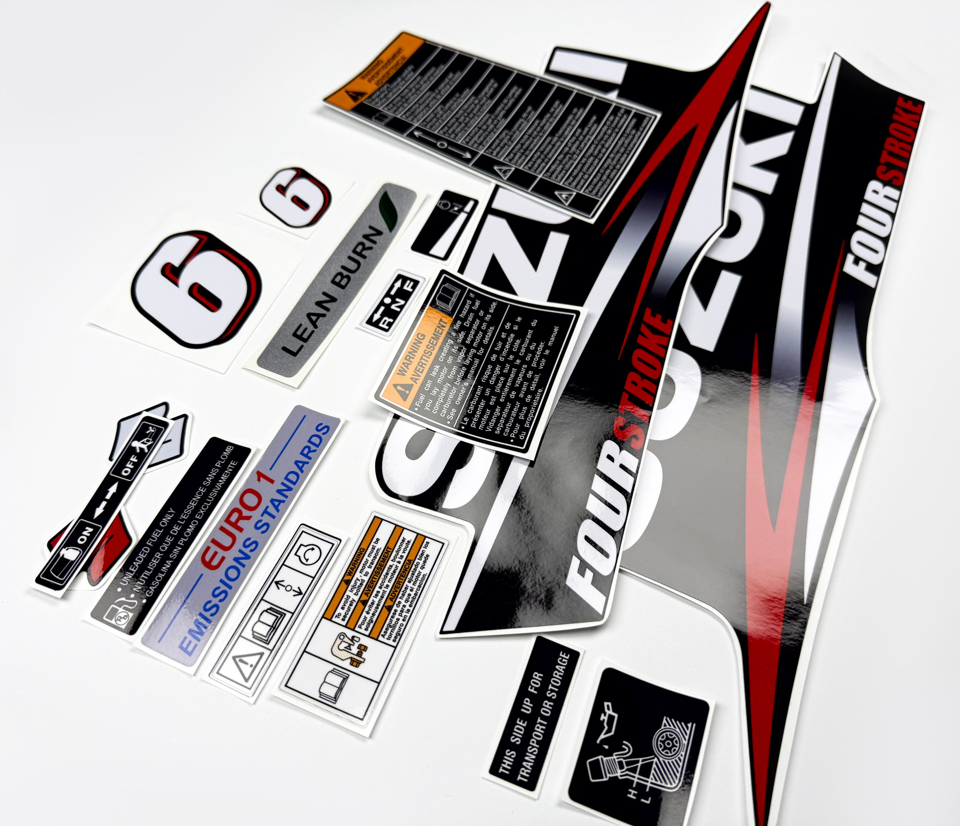 Vinyl graphic decals set suitable for Suzuki 6 hp four stroke outboard engine. Vinyl stickers kit for Suzuki 6 hp four stroke Handmade