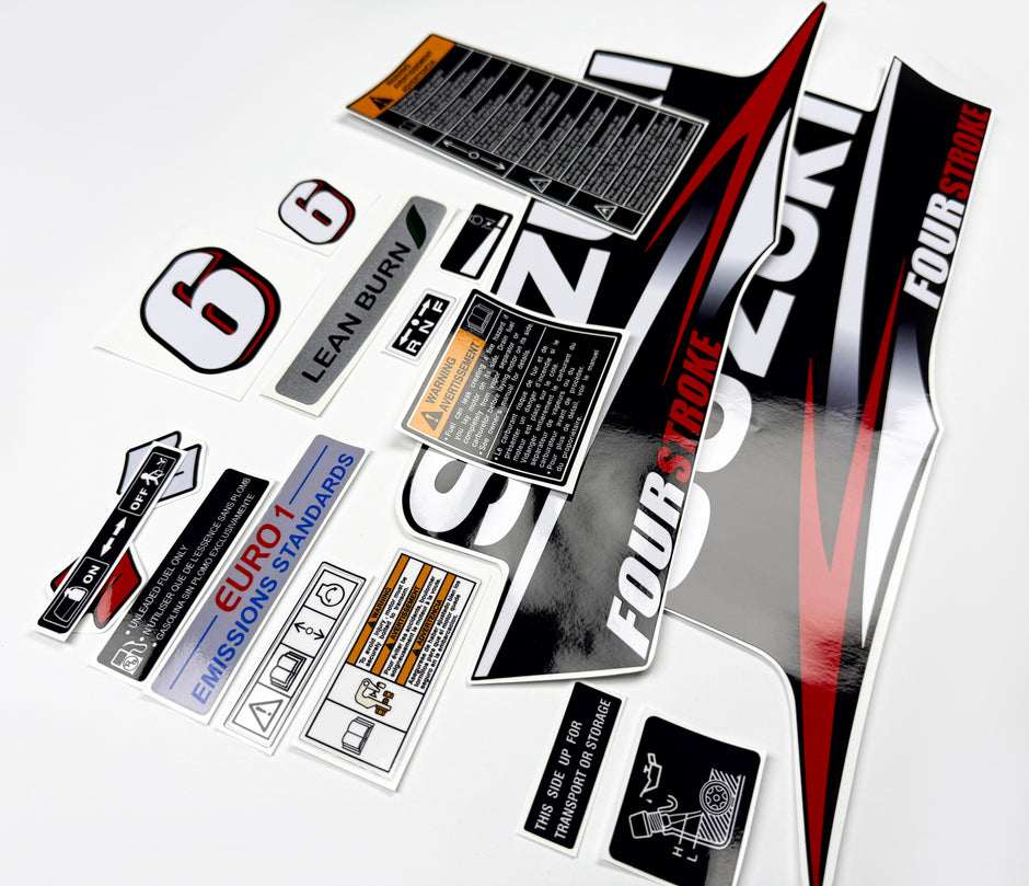 Vinyl graphic decals set suitable for Suzuki 6 hp four stroke outboard engine. Vinyl stickers kit for Suzuki 6 hp four stroke Handmade