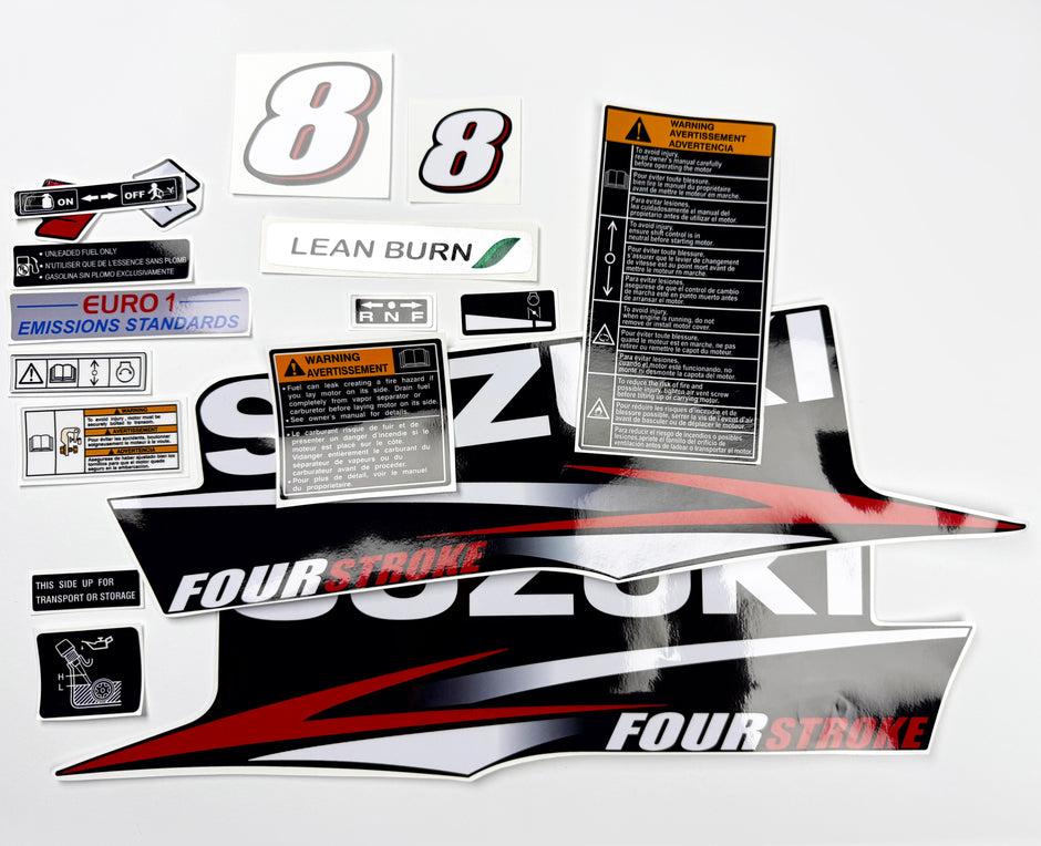 Vinyl graphic red decals set suitable for Suzuki 8 hp four stroke outboard engine. Vinyl stickers kit for Suzuki 8 hp four stroke Handmade