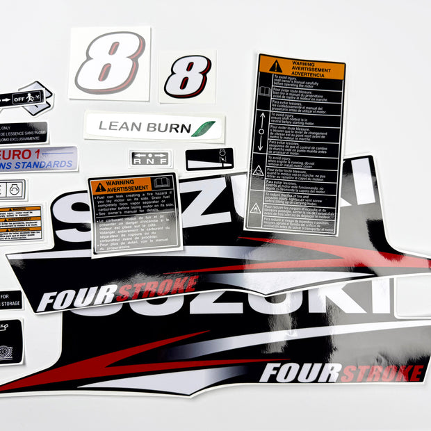 Vinyl graphic red decals set suitable for Suzuki 8 hp four stroke outboard engine. Vinyl stickers kit for Suzuki 8 hp four stroke Handmade