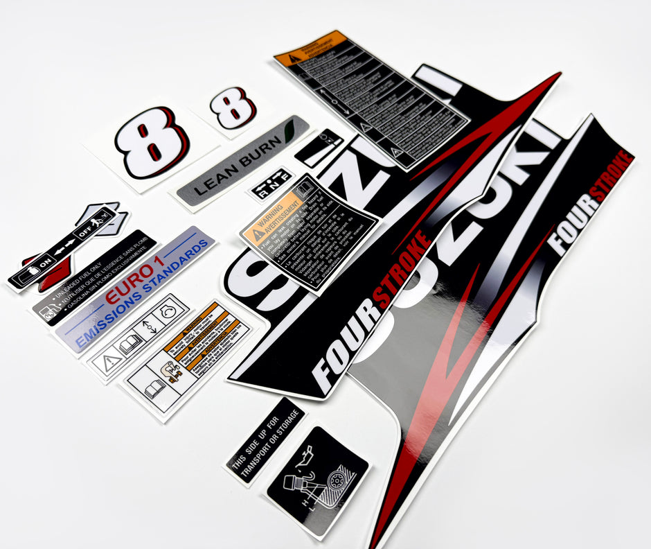 Vinyl graphic red decals set suitable for Suzuki 8 hp four stroke outboard engine. Vinyl stickers kit for Suzuki 8 hp four stroke Handmade
