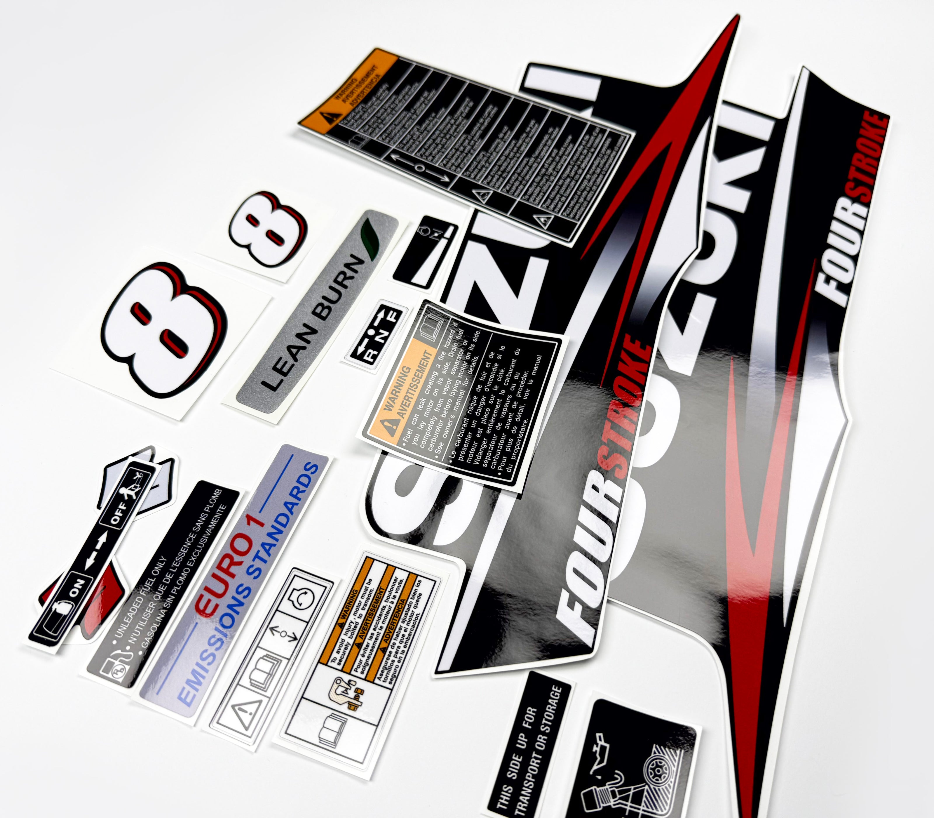 Vinyl graphic red decals set suitable for Suzuki 8 hp four stroke outboard engine. Vinyl stickers kit for Suzuki 8 hp four stroke Handmade