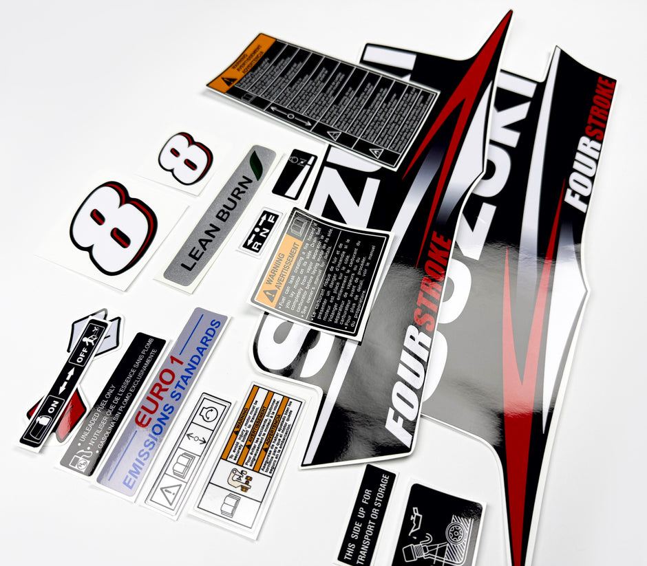 Vinyl graphic red decals set suitable for Suzuki 8 hp four stroke outboard engine. Vinyl stickers kit for Suzuki 8 hp four stroke Handmade