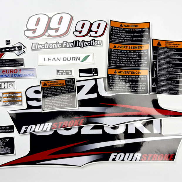 Vinyl graphic decals set suitable for Suzuki 9.9 hp four stroke outboard engine. Vinyl stickers kit for suzuki 9.9 hp four stroke Handmade