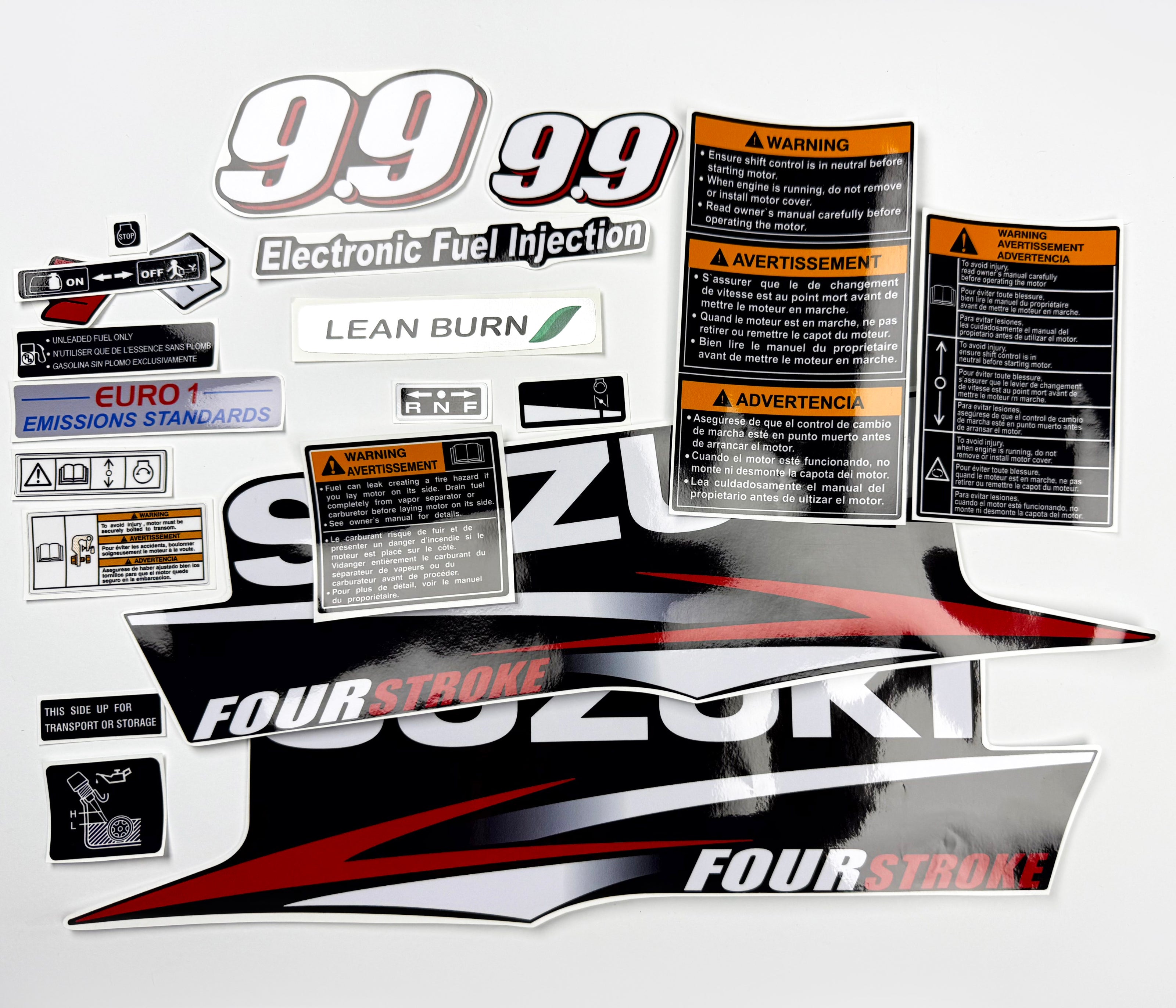 Vinyl graphic decals set suitable for Suzuki 9.9 hp four stroke outboard engine. Vinyl stickers kit for suzuki 9.9 hp four stroke Handmade