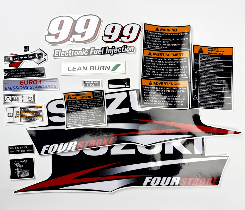 Vinyl graphic decals set suitable for Suzuki 9.9 hp four stroke outboard engine. Vinyl stickers kit for suzuki 9.9 hp four stroke Handmade