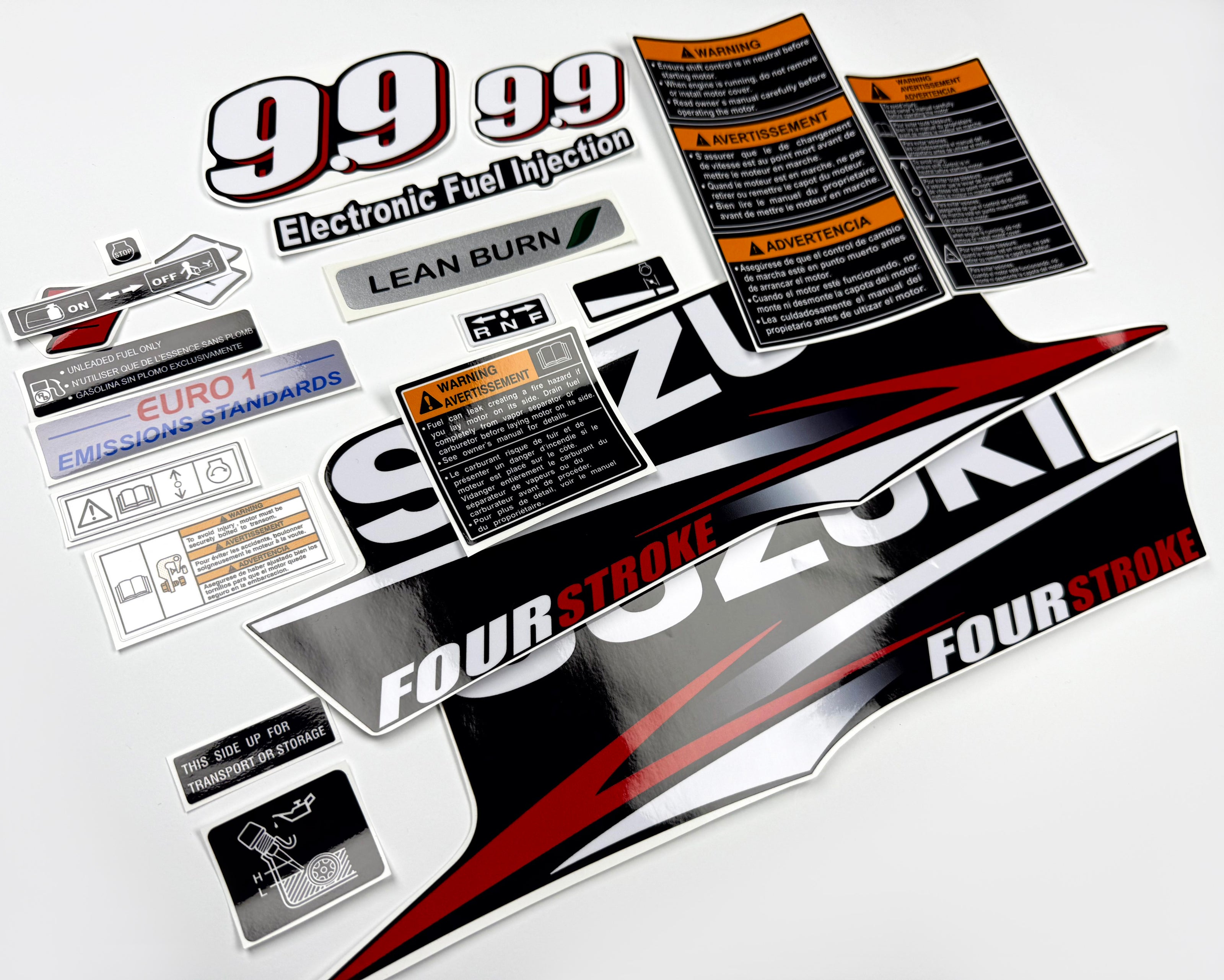 Vinyl graphic decals set suitable for Suzuki 9.9 hp four stroke outboard engine. Vinyl stickers kit for suzuki 9.9 hp four stroke Handmade