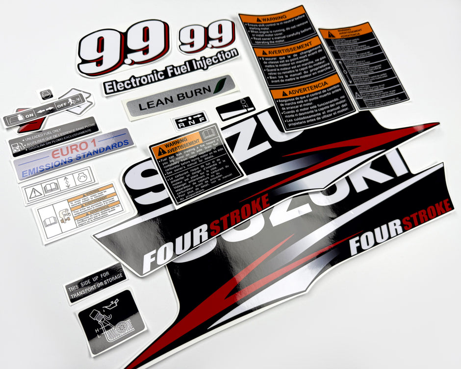 Vinyl graphic decals set suitable for Suzuki 9.9 hp four stroke outboard engine. Vinyl stickers kit for suzuki 9.9 hp four stroke Handmade