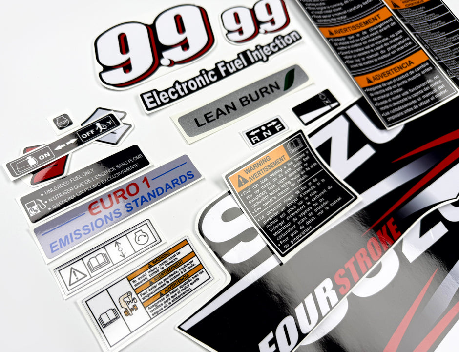 Vinyl graphic decals set suitable for Suzuki 9.9 hp four stroke outboard engine. Vinyl stickers kit for suzuki 9.9 hp four stroke Handmade