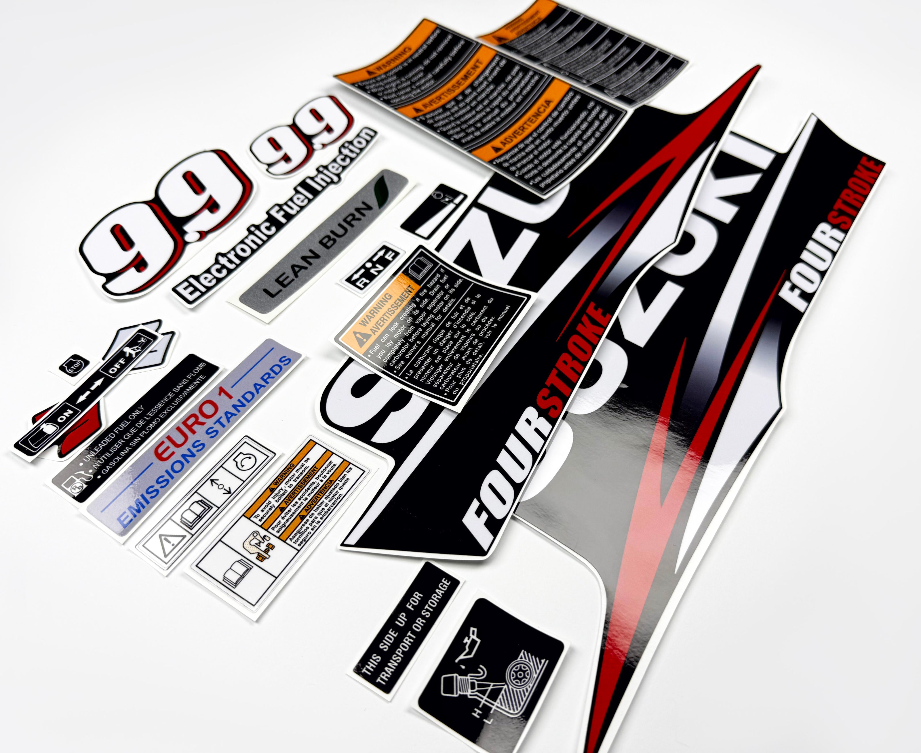 Vinyl graphic decals set suitable for Suzuki 9.9 hp four stroke outboard engine. Vinyl stickers kit for suzuki 9.9 hp four stroke Handmade