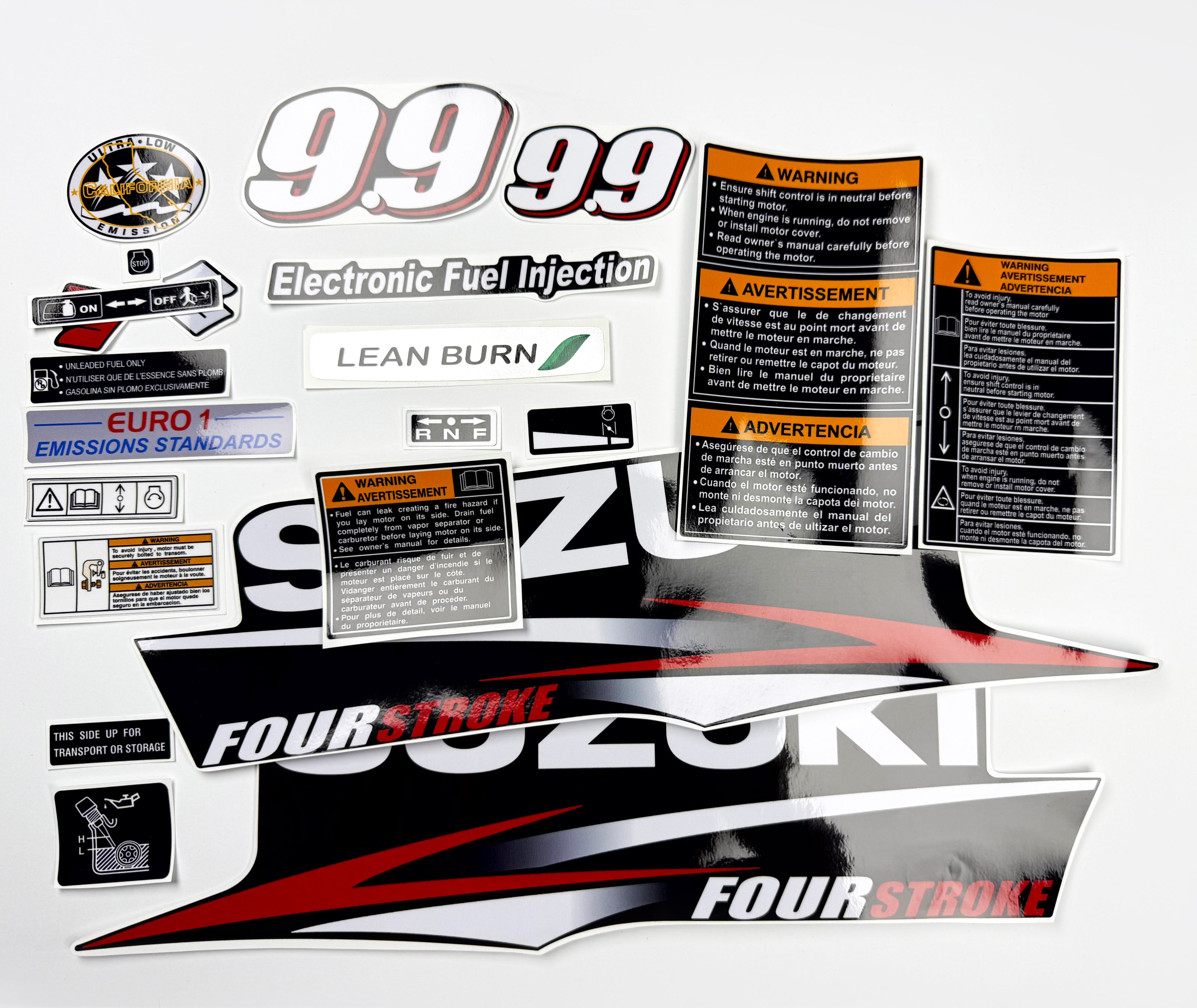 Vinyl graphic decals set suitable for Suzuki 9.9 hp four stroke outboard engine. Vinyl stickers kit for suzuki 9.9 hp four stroke Handmade