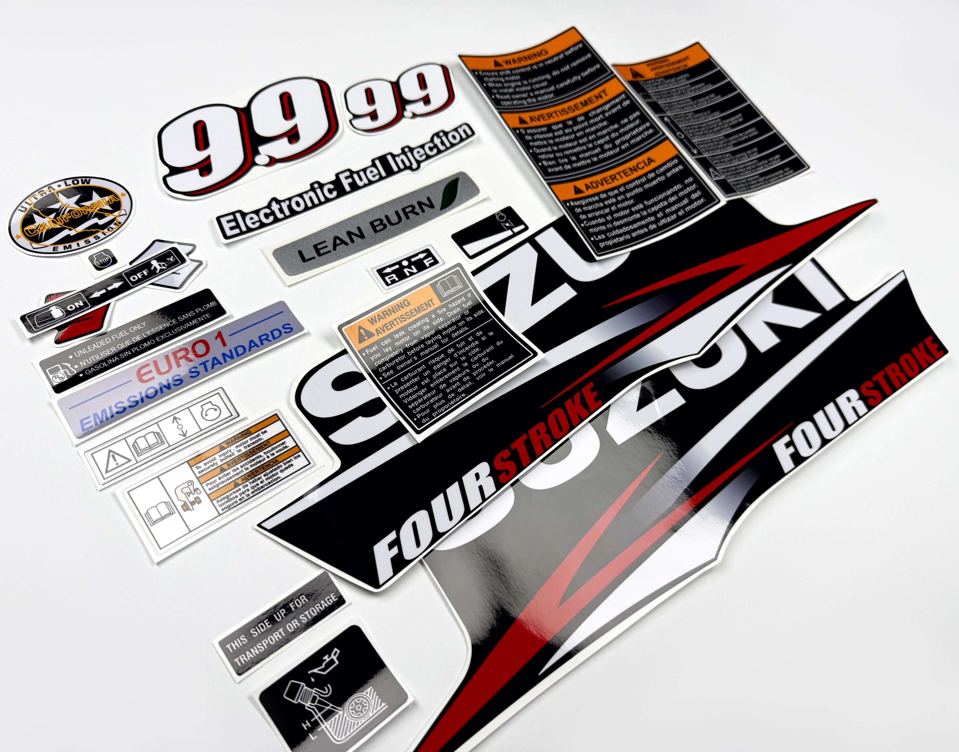 Vinyl graphic decals set suitable for Suzuki 9.9 hp four stroke outboard engine. Vinyl stickers kit for suzuki 9.9 hp four stroke Handmade