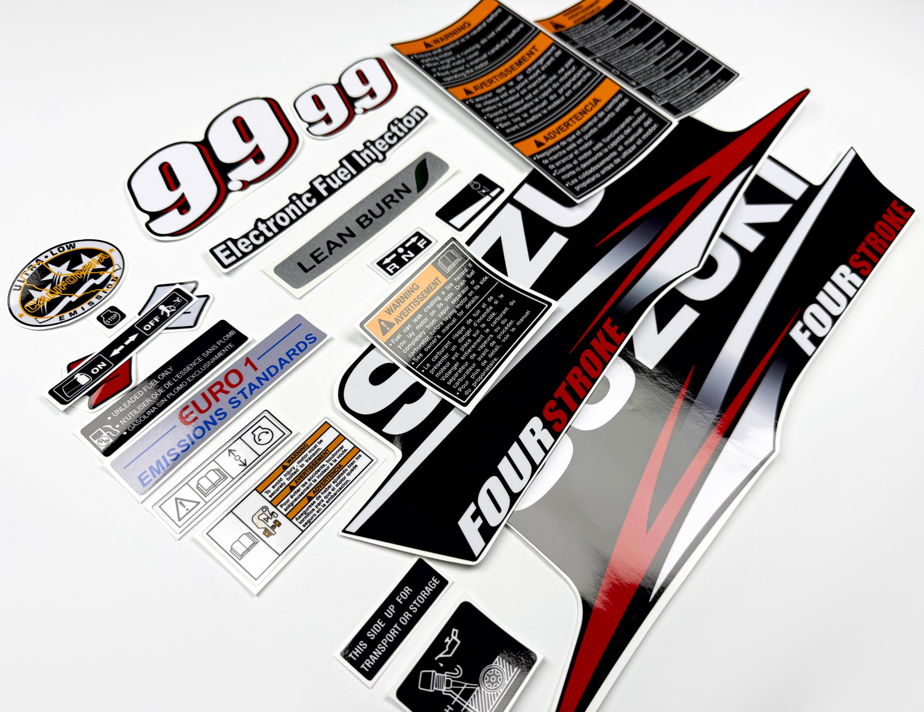 Vinyl graphic decals set suitable for Suzuki 9.9 hp four stroke outboard engine. Vinyl stickers kit for suzuki 9.9 hp four stroke Handmade