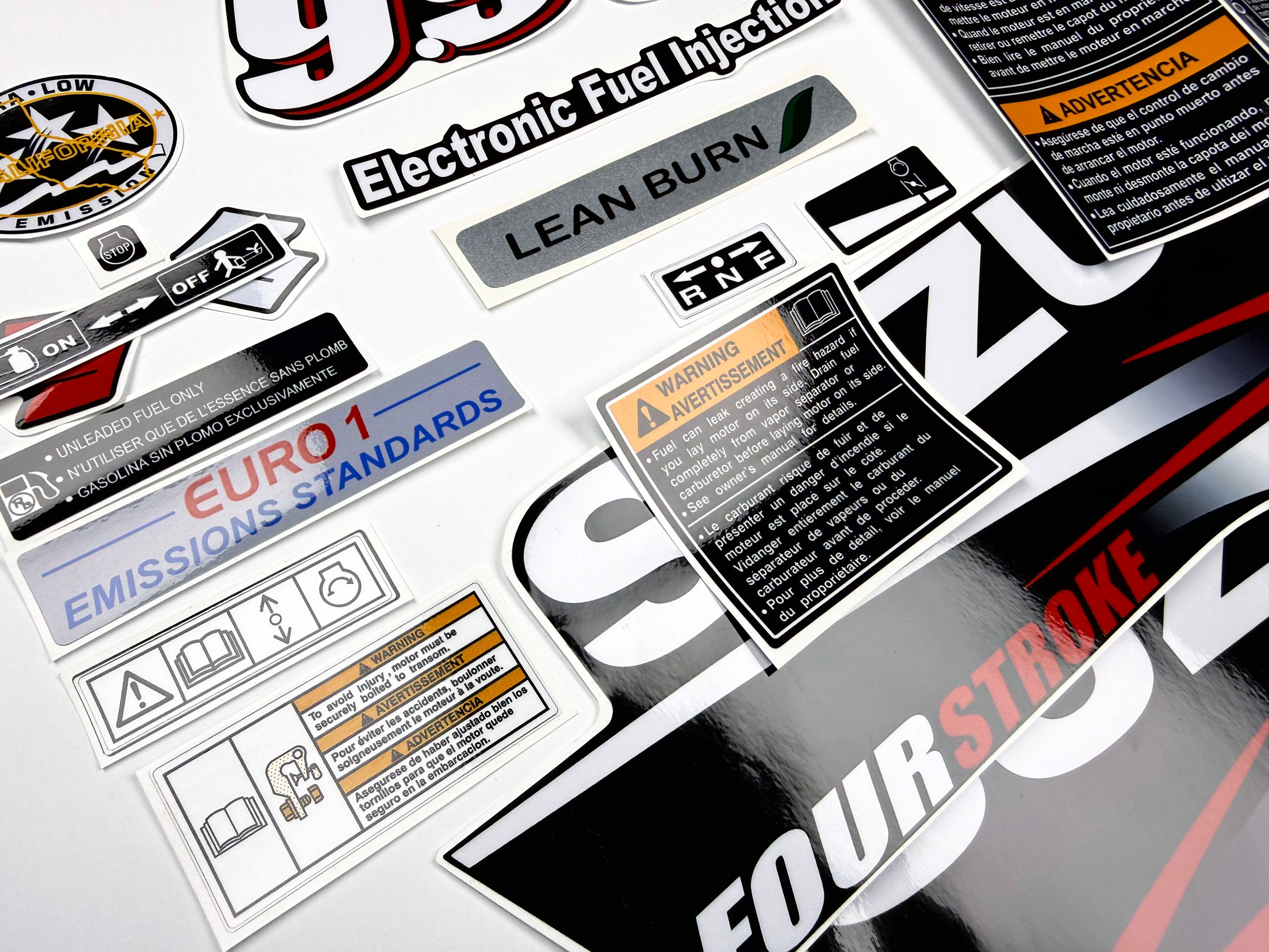 Vinyl graphic decals set suitable for Suzuki 9.9 hp four stroke outboard engine. Vinyl stickers kit for suzuki 9.9 hp four stroke Handmade