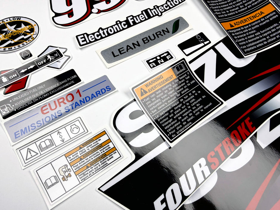 Vinyl graphic decals set suitable for Suzuki 9.9 hp four stroke outboard engine. Vinyl stickers kit for suzuki 9.9 hp four stroke Handmade