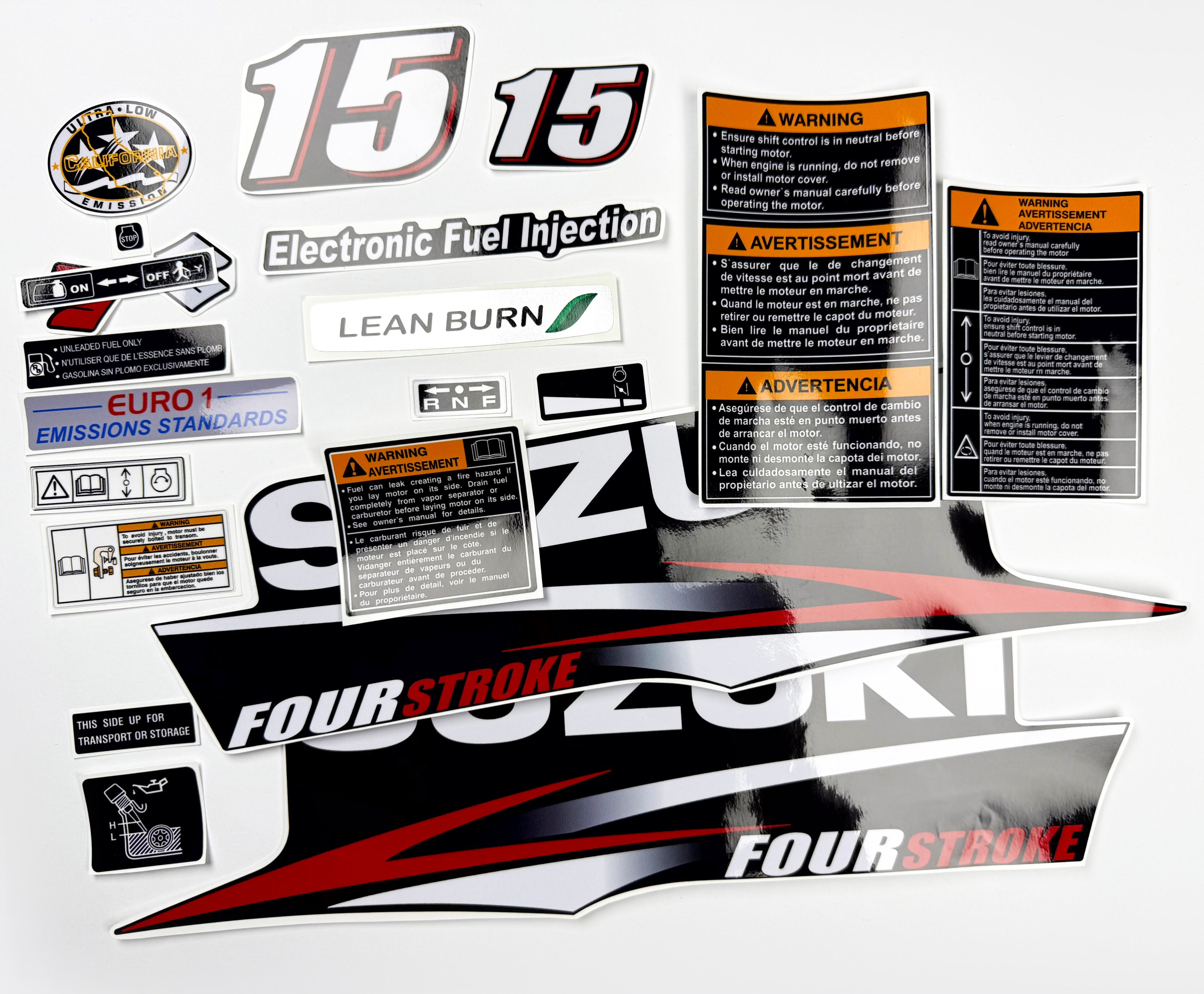 Vinyl graphic decals set suitable for Suzuki 15 hp four stroke outboard engine. Vinyl stickers kit for suzuki 15 hp four stroke Handmade