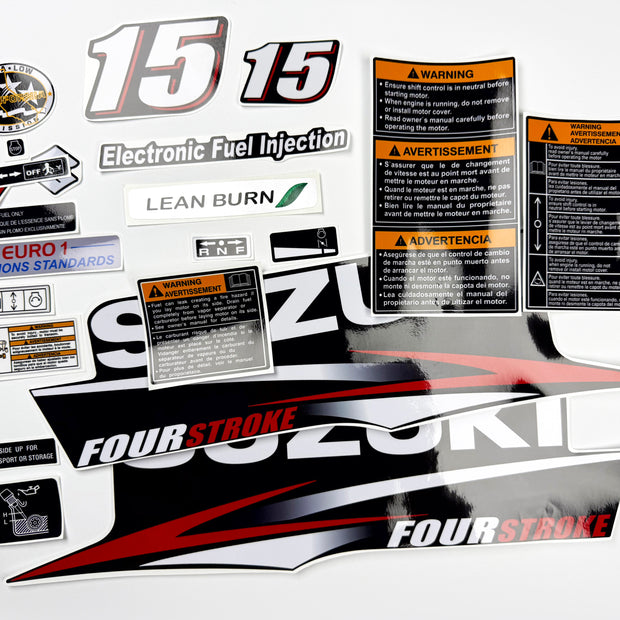 Vinyl graphic decals set suitable for Suzuki 15 hp four stroke outboard engine. Vinyl stickers kit for suzuki 15 hp four stroke Handmade