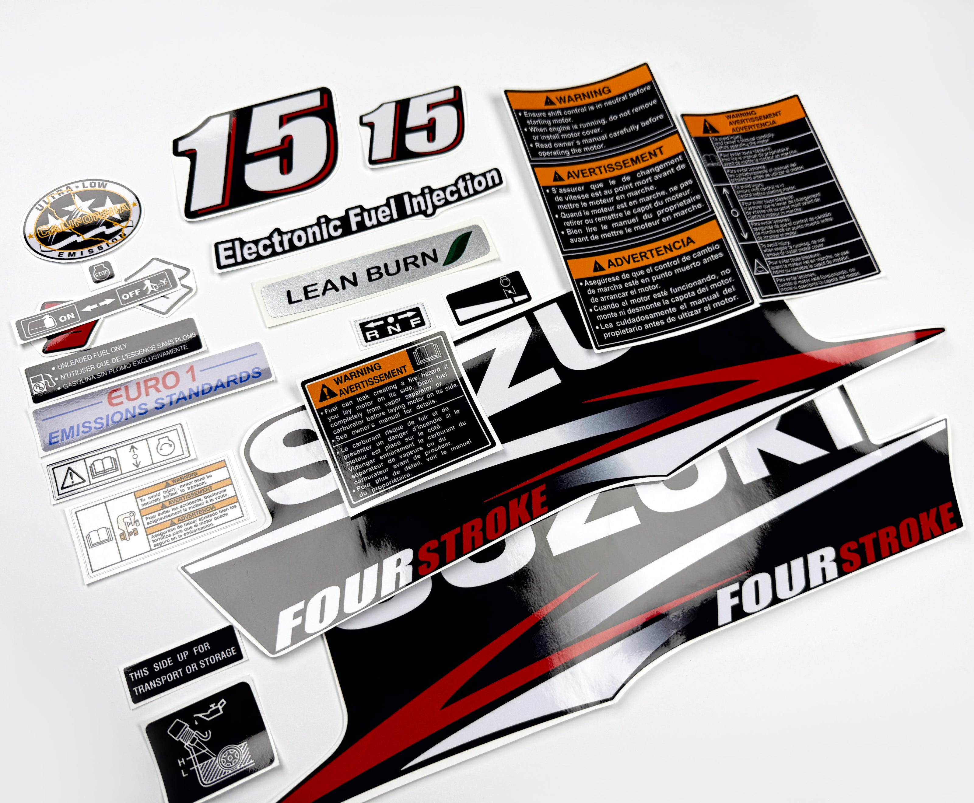 Vinyl graphic decals set suitable for Suzuki 15 hp four stroke outboard engine. Vinyl stickers kit for suzuki 15 hp four stroke Handmade