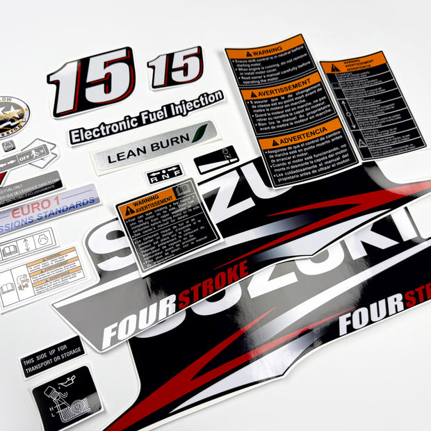 Vinyl graphic decals set suitable for Suzuki 15 hp four stroke outboard engine. Vinyl stickers kit for suzuki 15 hp four stroke Handmade