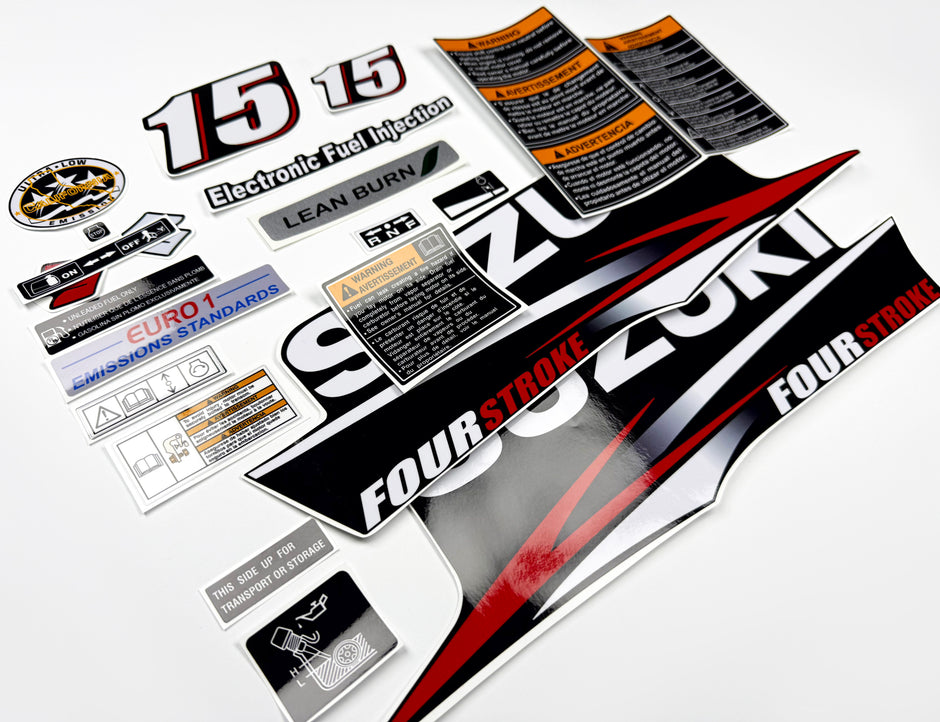 Vinyl graphic decals set suitable for Suzuki 15 hp four stroke outboard engine. Vinyl stickers kit for suzuki 15 hp four stroke Handmade
