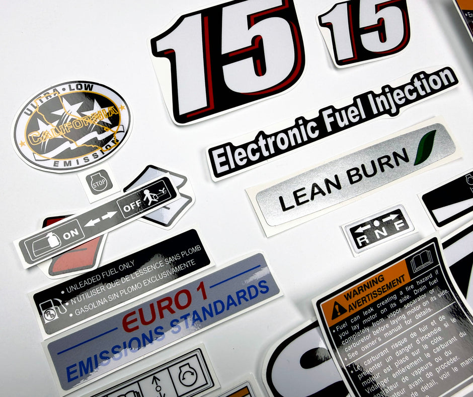 Vinyl graphic decals set suitable for Suzuki 15 hp four stroke outboard engine. Vinyl stickers kit for suzuki 15 hp four stroke Handmade