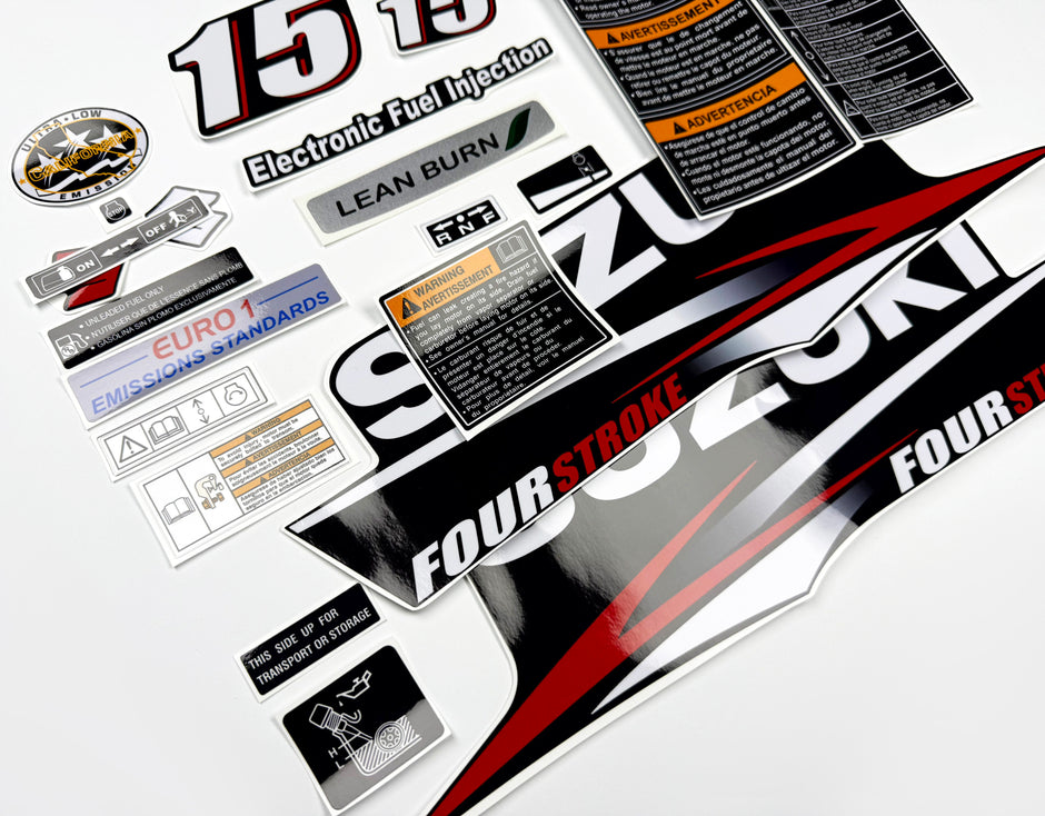 Vinyl graphic decals set suitable for Suzuki 15 hp four stroke outboard engine. Vinyl stickers kit for suzuki 15 hp four stroke Handmade