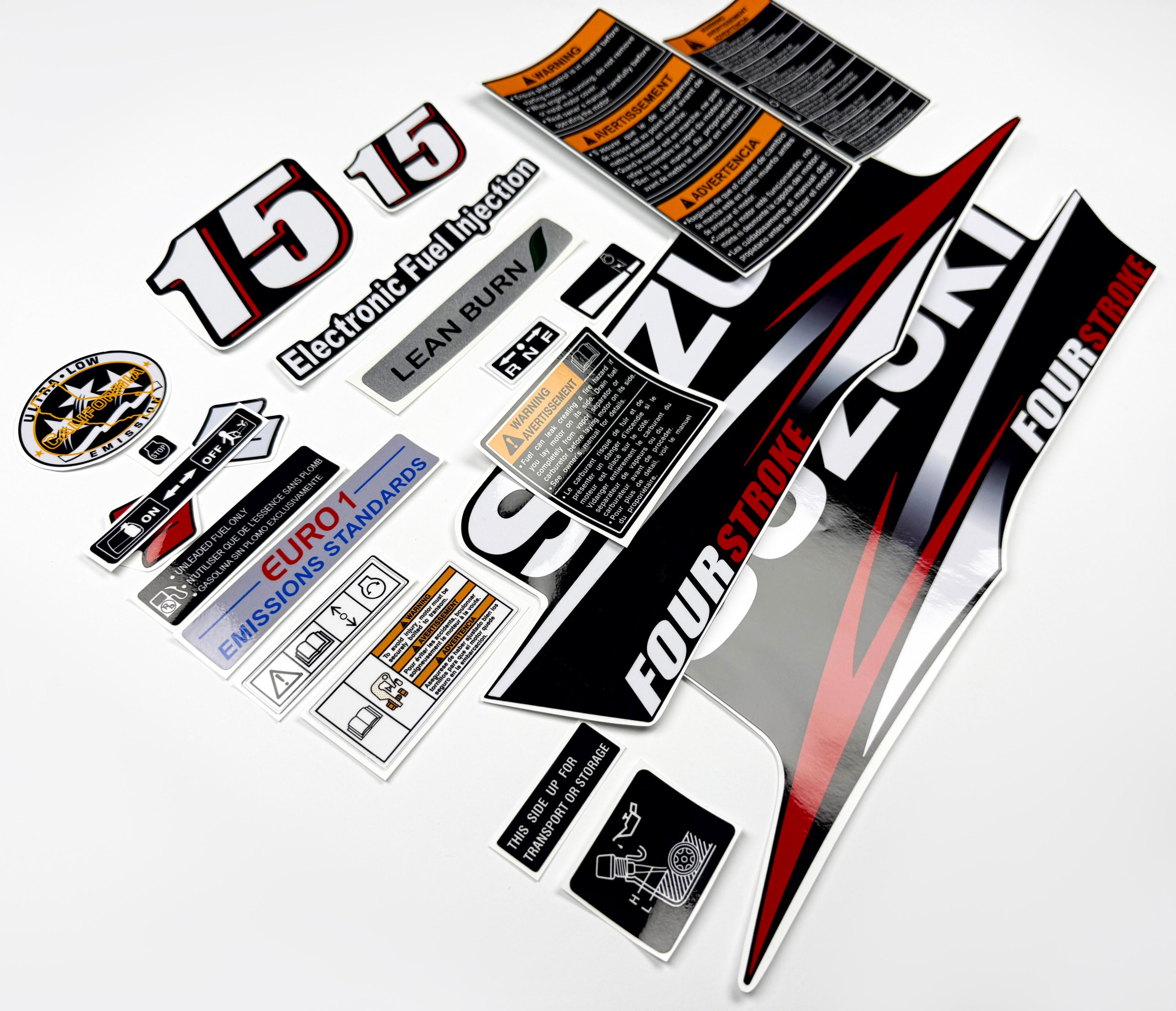 Vinyl graphic decals set suitable for Suzuki 15 hp four stroke outboard engine. Vinyl stickers kit for suzuki 15 hp four stroke Handmade