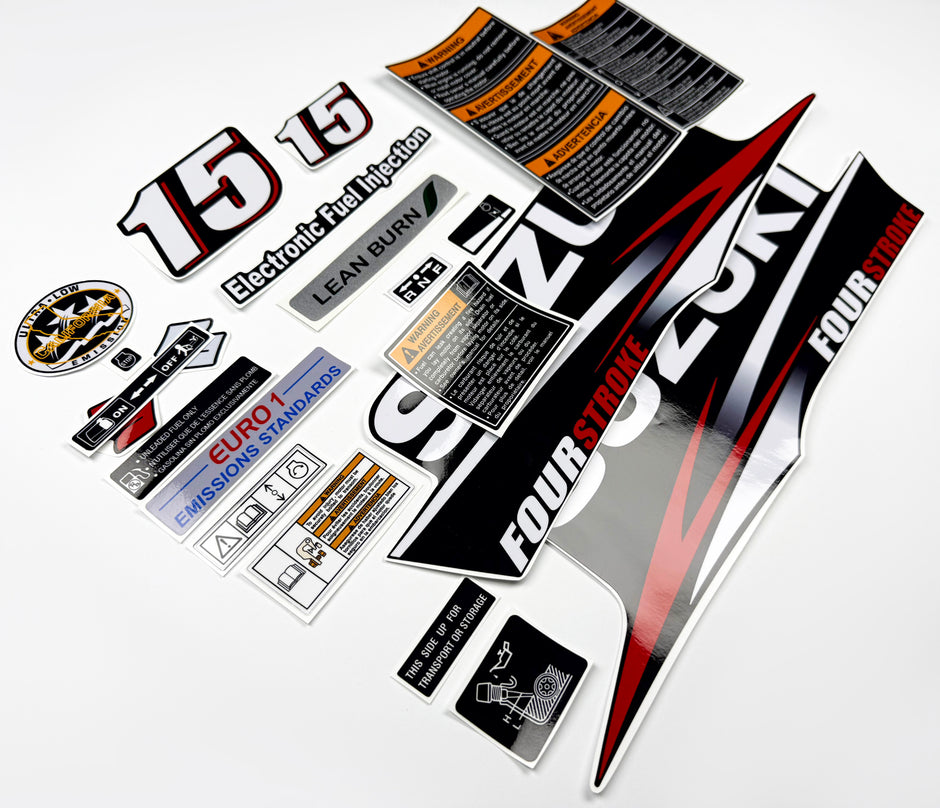 Vinyl graphic decals set suitable for Suzuki 15 hp four stroke outboard engine. Vinyl stickers kit for suzuki 15 hp four stroke Handmade