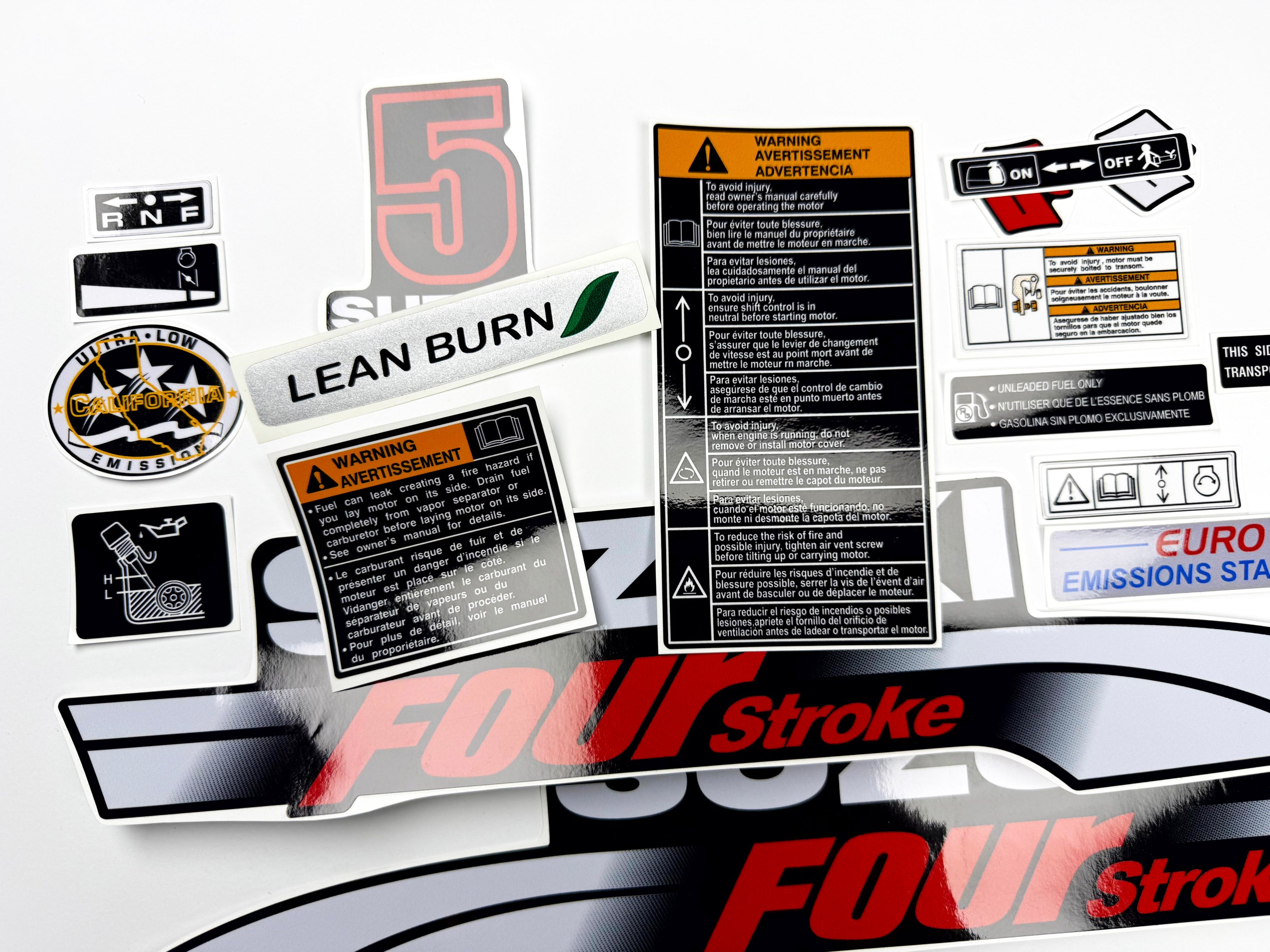 Vinyl graphic decals set suitable for Suzuki 5 hp four stroke outboard engine. Vinyl stickers kit for Suzuki 5 hp four stroke Handmade