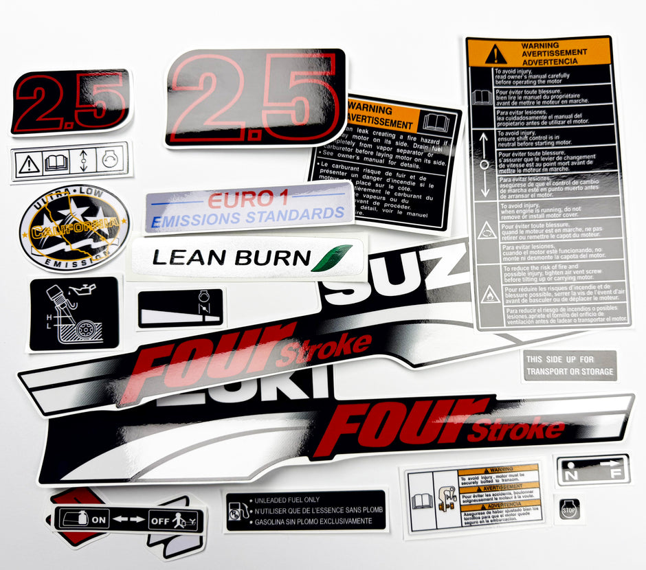 Vinyl graphic decals set suitable for Suzuki 2.5 hp four stroke outboard engine. Vinyl stickers kit for Suzuki 2.5 hp four stroke Handmade