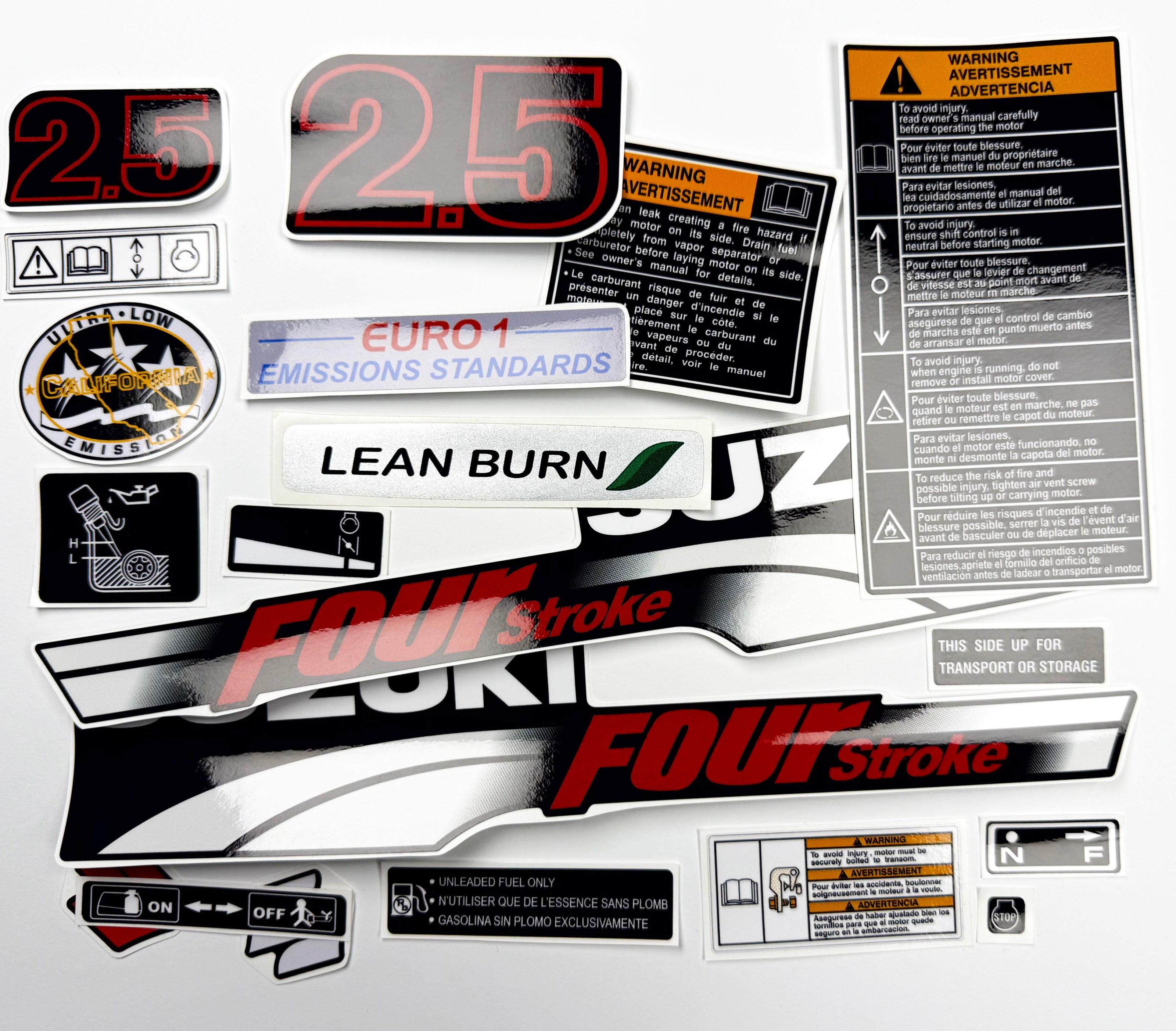 Vinyl graphic decals set suitable for Suzuki 2.5 hp four stroke outboard engine. Vinyl stickers kit for Suzuki 2.5 hp four stroke Handmade