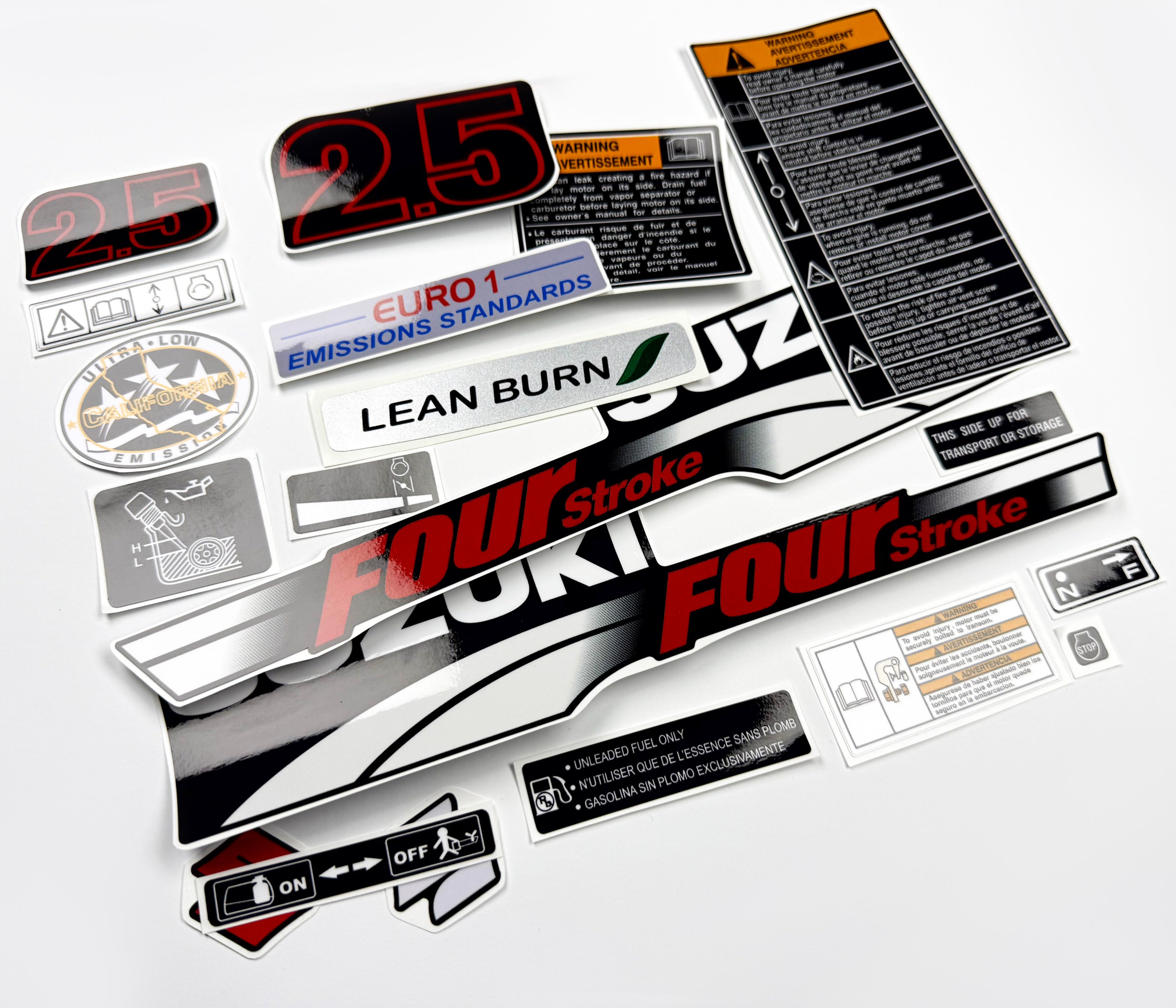 Vinyl graphic decals set suitable for Suzuki 2.5 hp four stroke outboard engine. Vinyl stickers kit for Suzuki 2.5 hp four stroke Handmade