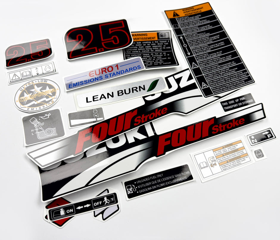 Vinyl graphic decals set suitable for Suzuki 2.5 hp four stroke outboard engine. Vinyl stickers kit for Suzuki 2.5 hp four stroke Handmade