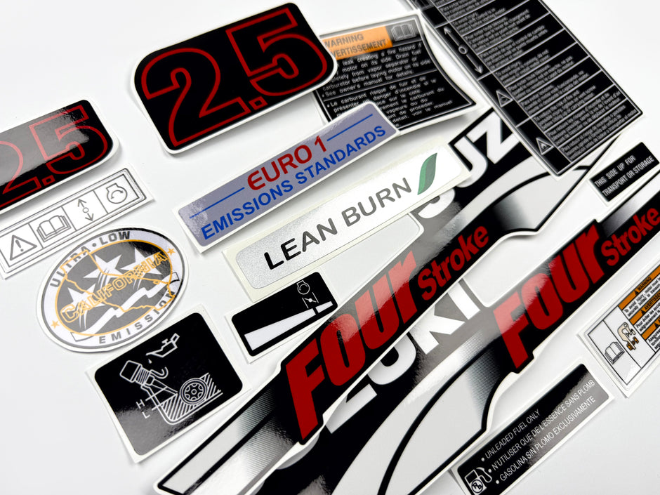 Vinyl graphic decals set suitable for Suzuki 2.5 hp four stroke outboard engine. Vinyl stickers kit for Suzuki 2.5 hp four stroke Handmade