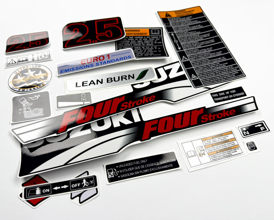 Vinyl graphic decals set suitable for Suzuki 2.5 hp four stroke outboard engine. Vinyl stickers kit for Suzuki 2.5 hp four stroke Handmade