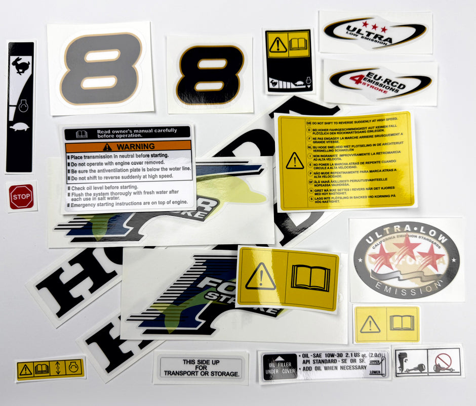 Vinyl graphic decals set suitable for Honda 8 hp four stroke outboard engine. Vinyl stickers kit for Honda 8 hp four stroke Handmade