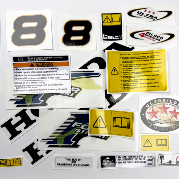 Vinyl graphic decals set suitable for Honda 8 hp four stroke outboard engine. Vinyl stickers kit for Honda 8 hp four stroke Handmade